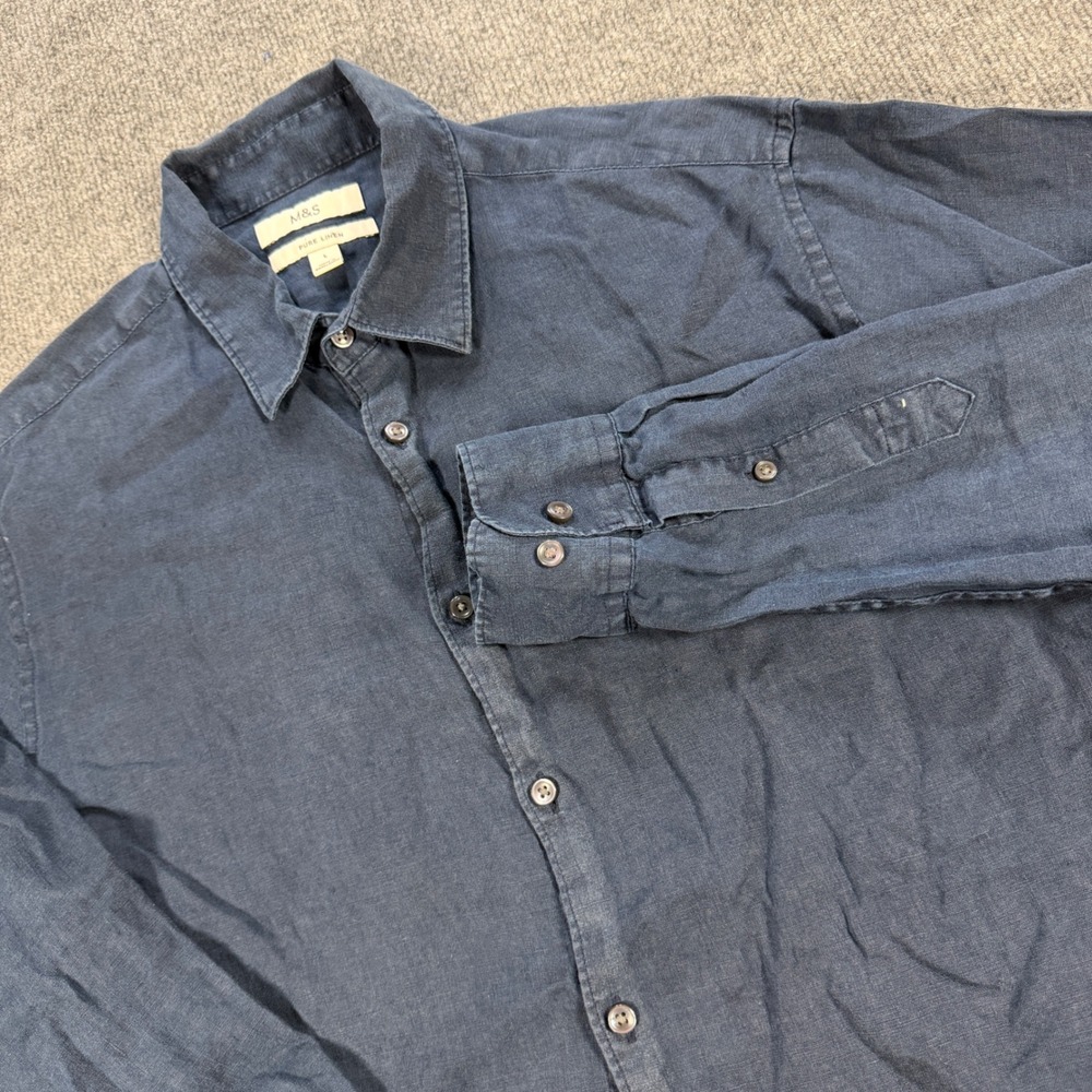 Old money preppy M&S Marks & Spencer Men Navy Blue 100% Linen Button Down L